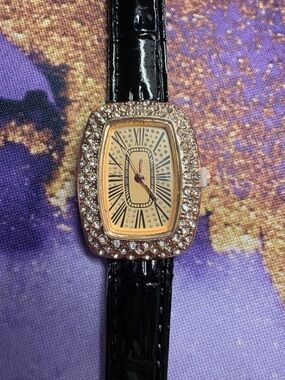 Rose Gold Crystal-Frame Women's Watch with Black Patent Strap NEW